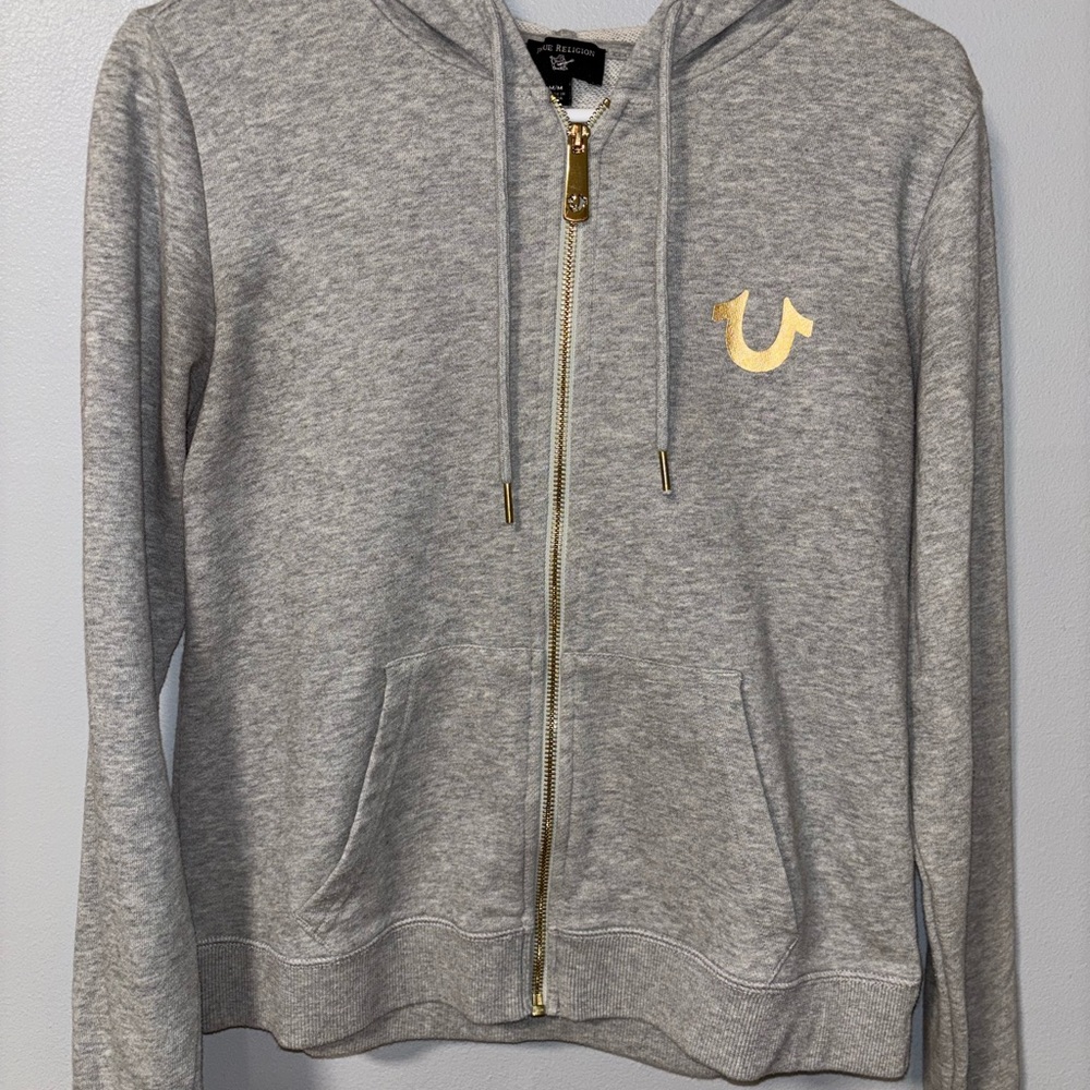 True Religion Heather Gray Hoodie with Gold Accents